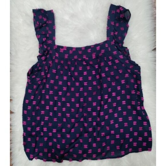 LOFT Navy Blue/Pink Clip Ruffle Square Neck Ruffle Sleeve Festival Top Size L - Picture 3 of 12